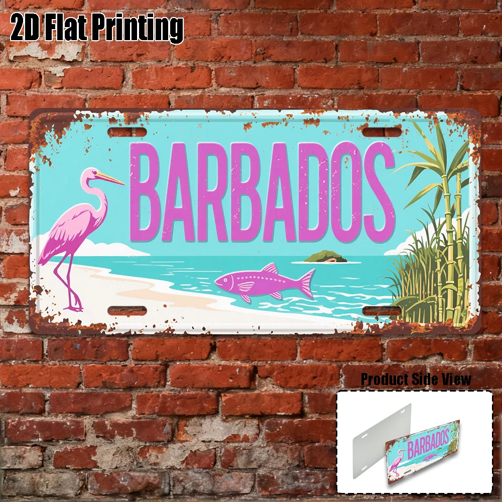Decorative Use Only, 1pc 2D Flat Specifically for Men's and Women's License Plate Covers and Frames 2D Flat Vintage Barbados