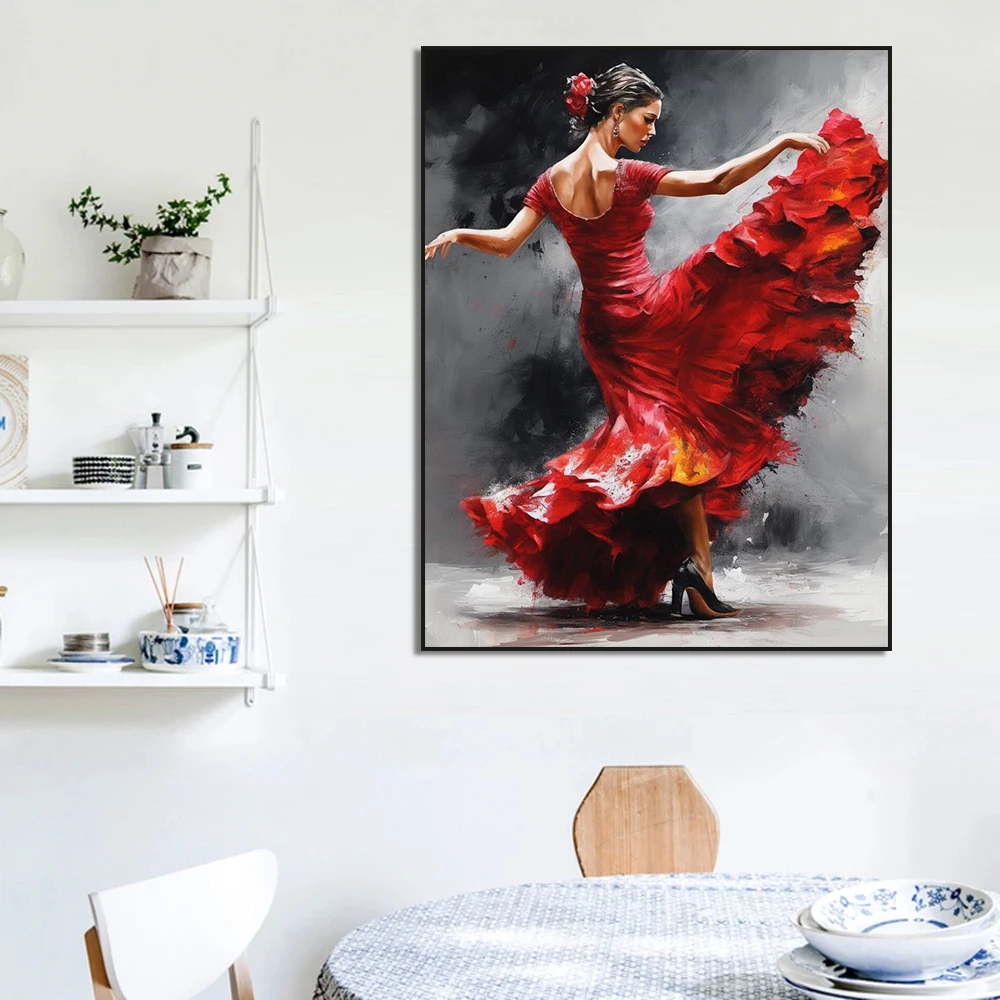 Abstract Spanish Flamenco Dancer Poster Red Dress Woman Canvas Painting Wall Art Picture for Living Room Cuadros Home Decor