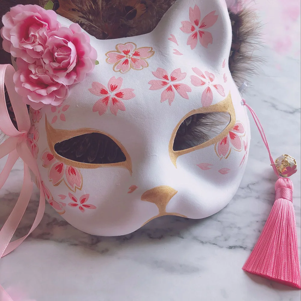 

Pink Cherry Blossoms Japanese Fox Mask New Paper Pulp Hand-painted Anime Fox Half Face Mask Halloween Cosplay Animal Mask Party