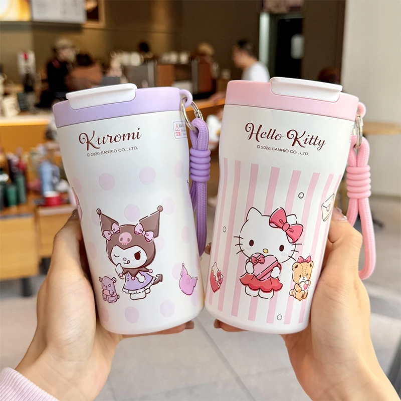X&W 430ml Hello Kitty Straw Thermos 316 Stainless Steel Travel Mug Sanri Water Cup with Handle Dual Drinking Ways for Outdoor