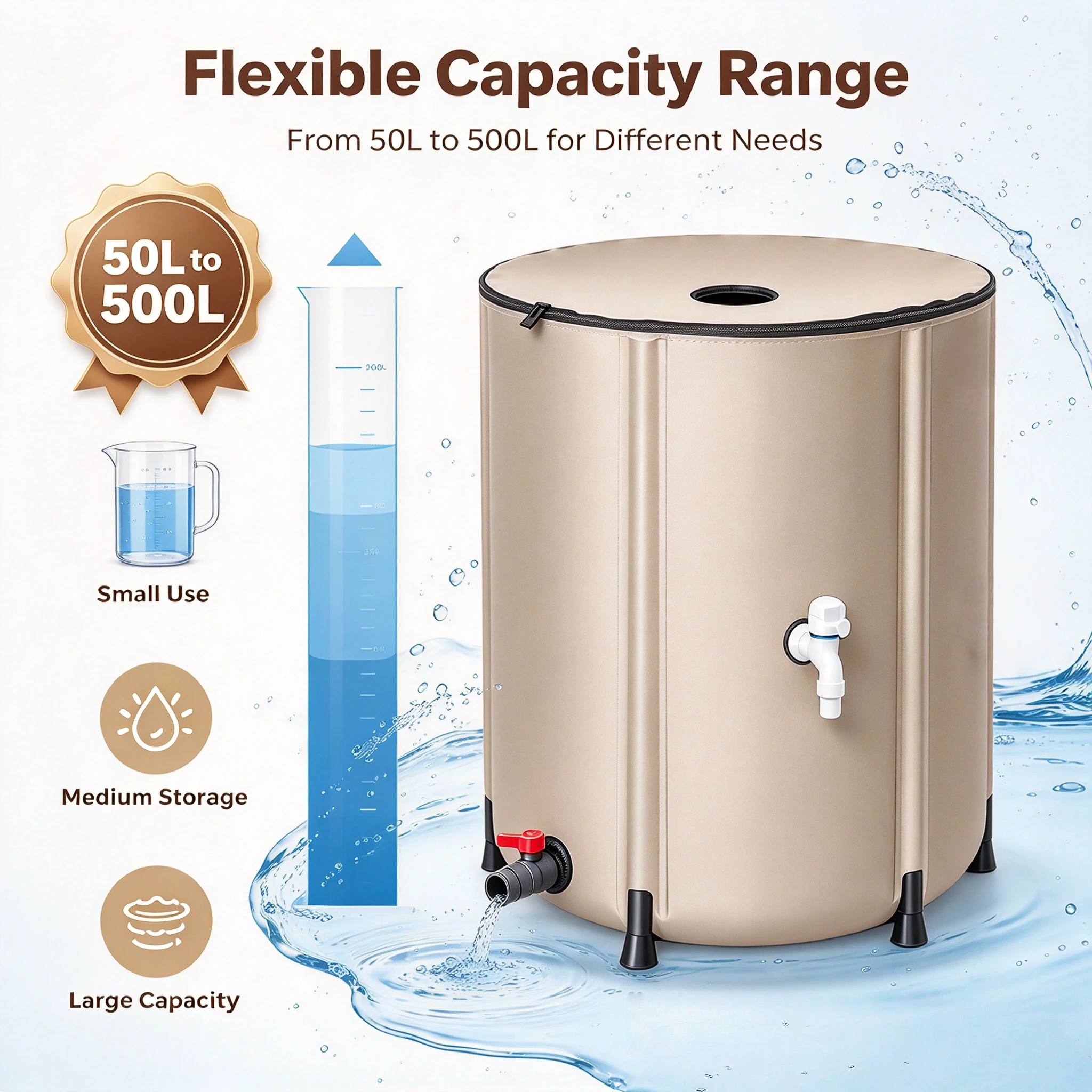 Foldable Rainwater Collector Rain Barrel 50L-500L TPU Water Storage Tank Dual Valves Garden Lawn Irrigation Car Wash Bucket