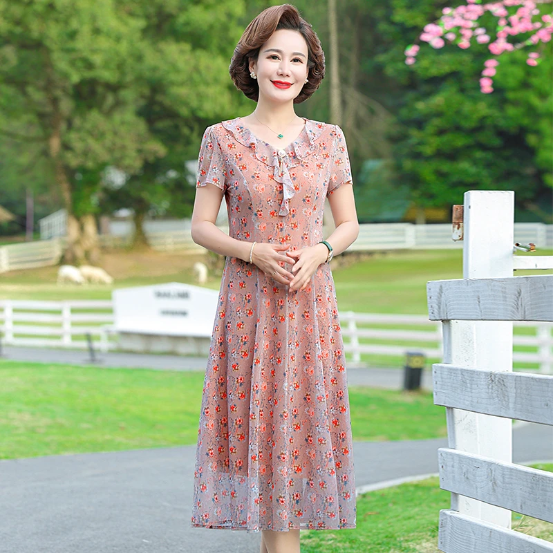 

Elegant Print A-Line Dress For Women Party Ruffled edge Summer Korean Short Sleeve Knee-Length Tulle Dresses Robe Femme Vestidos