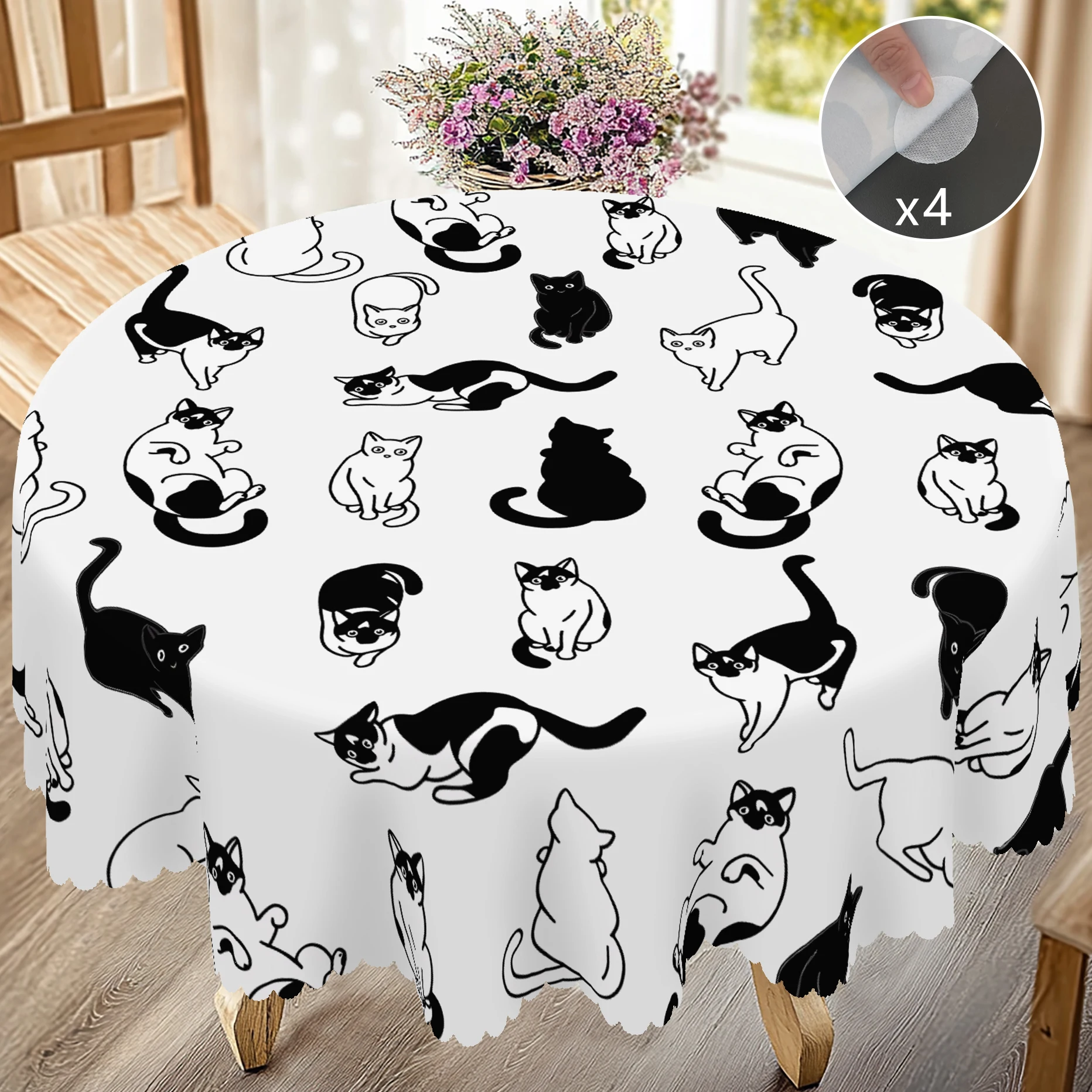 1-Katzen-Tischdecke + 4-teilige selbstklebende Tischdecke, verschiedene süße Katzenmuster, geprägte Kanten, gewebte Polyesterstoffe, runde/rechteckige Tischdecken für Heimdekoration, Küchendekoration,