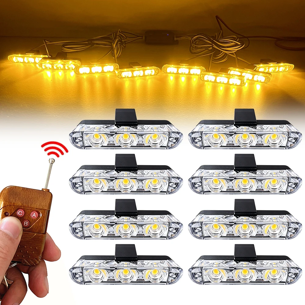 Amber 3LED Strobe Light Flasher with Wireless Remote Car Grille Strobe Lights Vehicles LED Emergency Flash Signal Lamp 12V