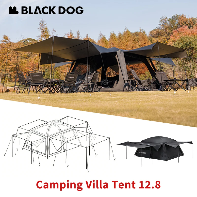 

BLACKDOG Camping Villa Tent 12.8 Quick Setup 2 Rooms 5 Halls Large Space Waterproof PU5000+ Black Coated 4-8 Person Travel Tent
