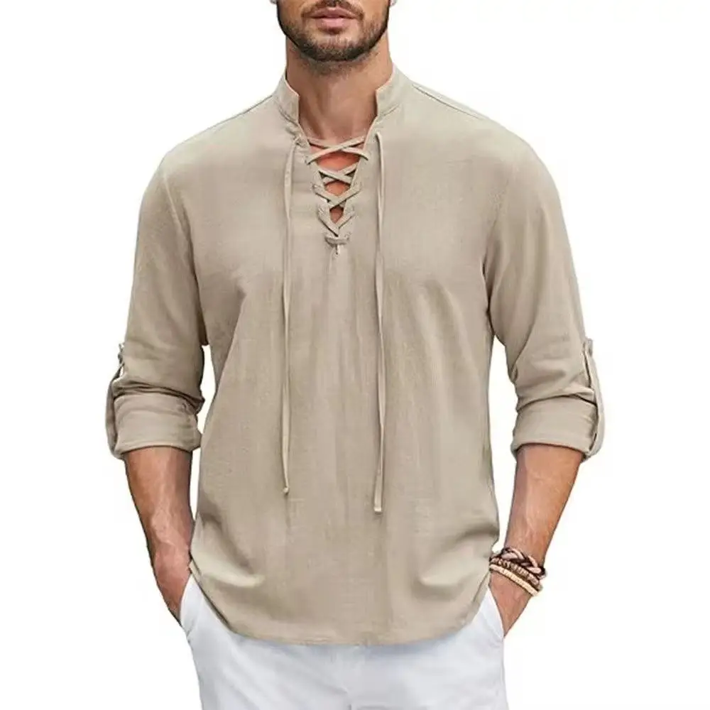 Men's Renaissance Shirt Pirate Medieval Viking top Cotton Linen Shirts Men Long Sleeved Halloween Costume Drawstring Neck