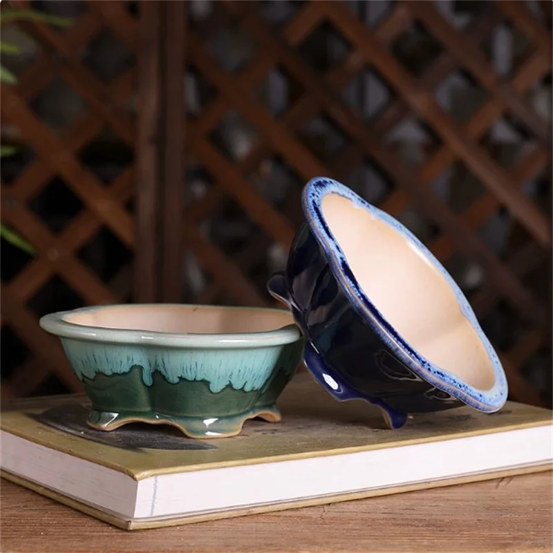Ceramic Rhombus Glazed Bonsai Pot, Inner Size 13.5*12.5*4.5cm, Blue White Green Glazed, Table, Garden Decoration, Table
