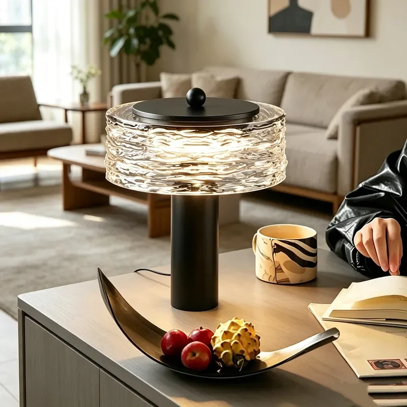 Modern Black Metal Table Lamp with Water Pattern Glass Shade for Bedroom Bedside Night Light Living Room Study Desk Decor