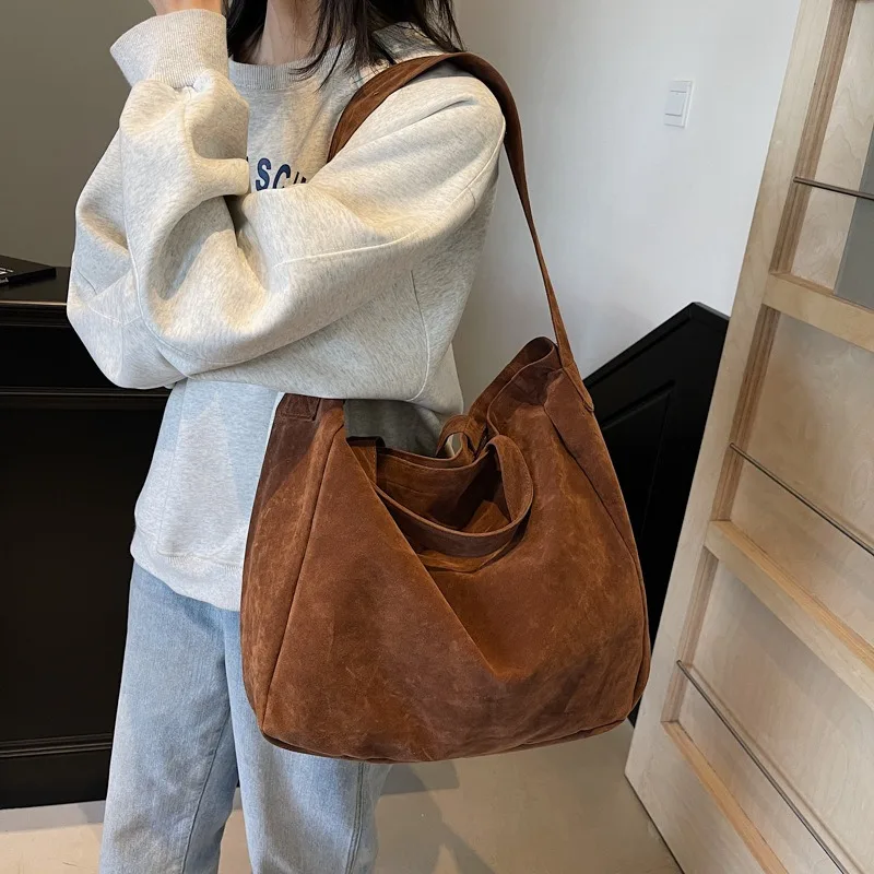 

Women's Tote Bags 2025 New Fashion Suede Vintage Large Shoulder Crossbody Bag for Woman Korean Female Student Bookbag Handbags