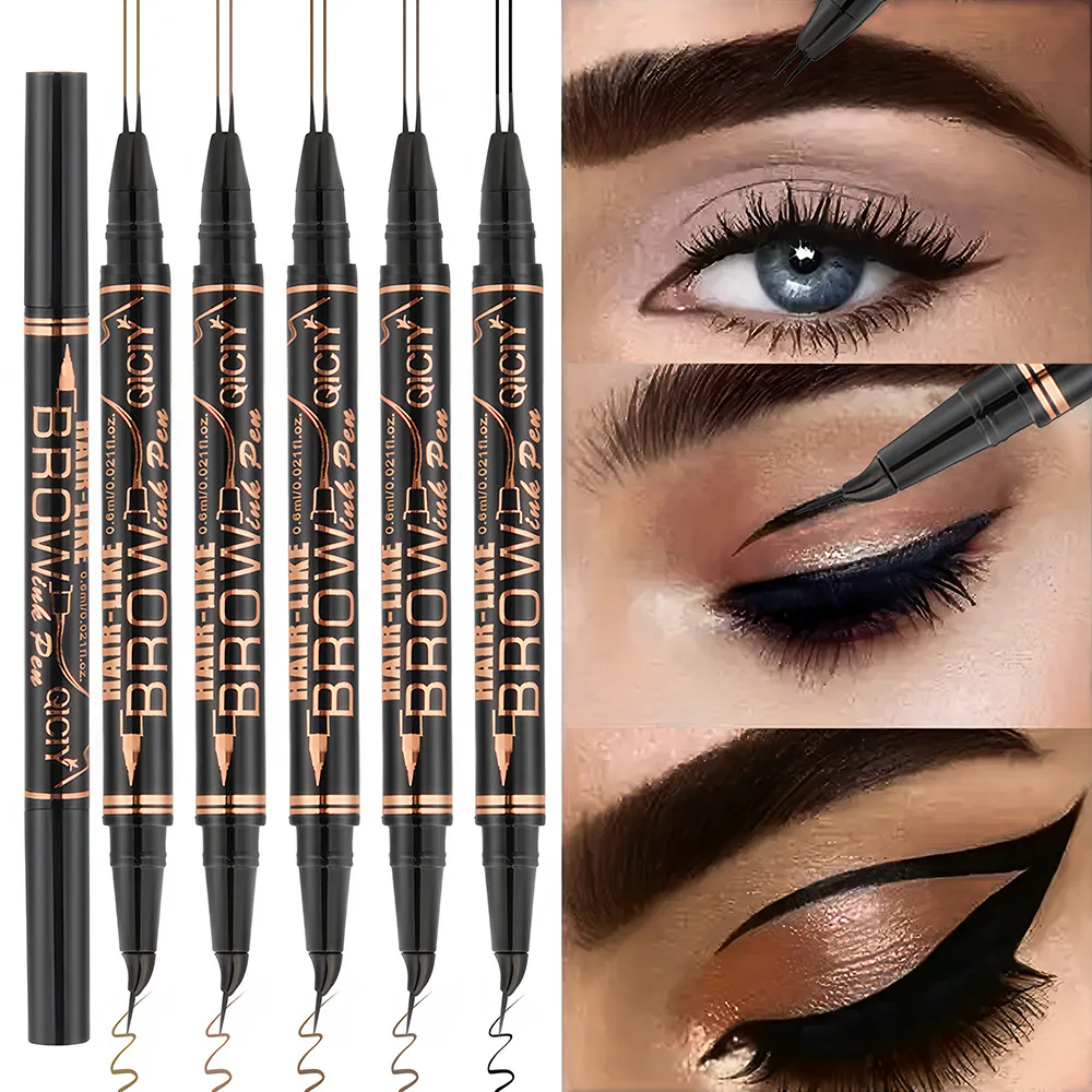 Dual Ended Eyebrow Eyeliner Pen 2 Prong Tip Microblading Effect Ultra Fine Waterproof Smudge Proof for Natural Hair Like Brows