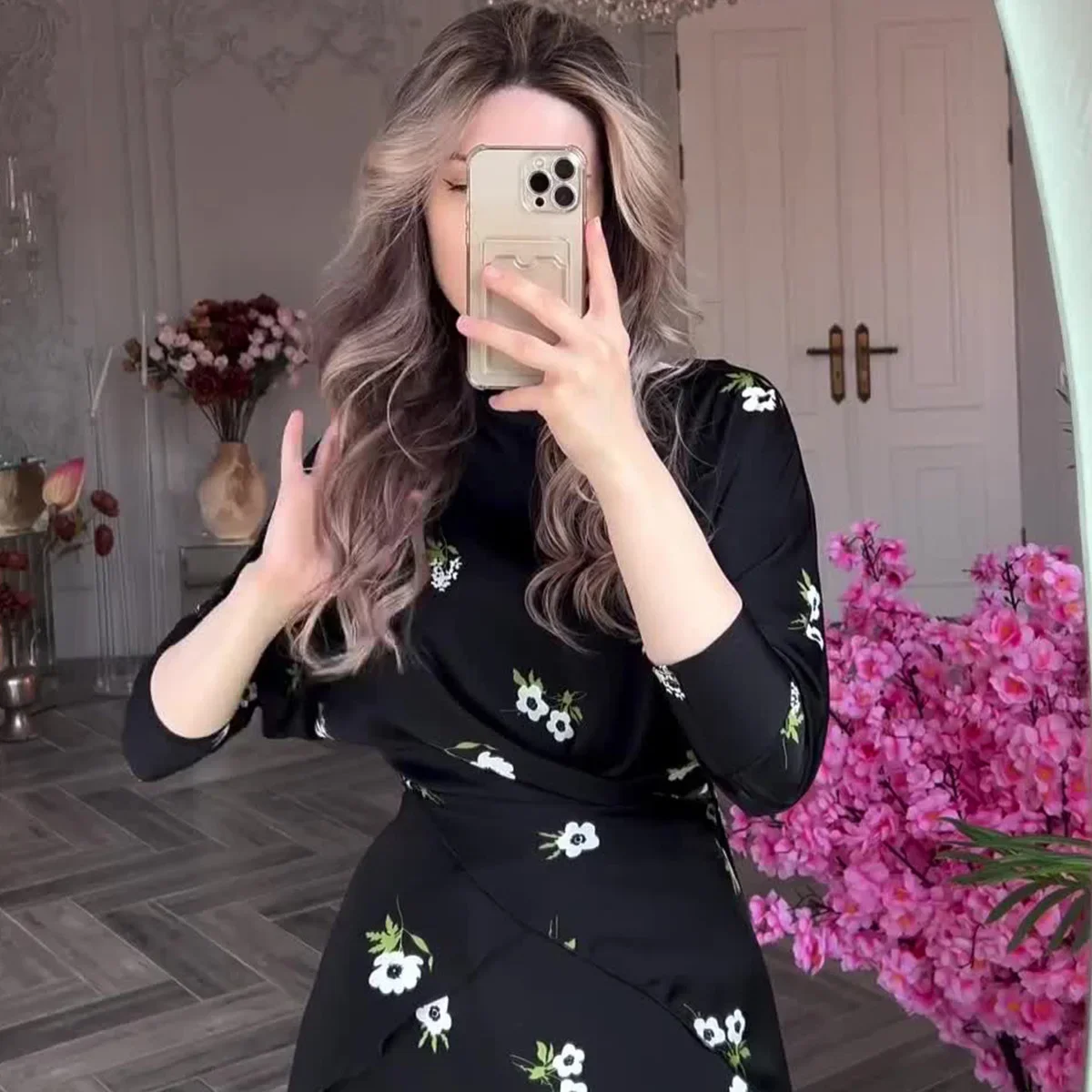 Women Dress Long Dresses High Waist Print Floral Sexy Round Neck Full Sleeve Casual Elegant Splice Vestidos Summer Prom Party