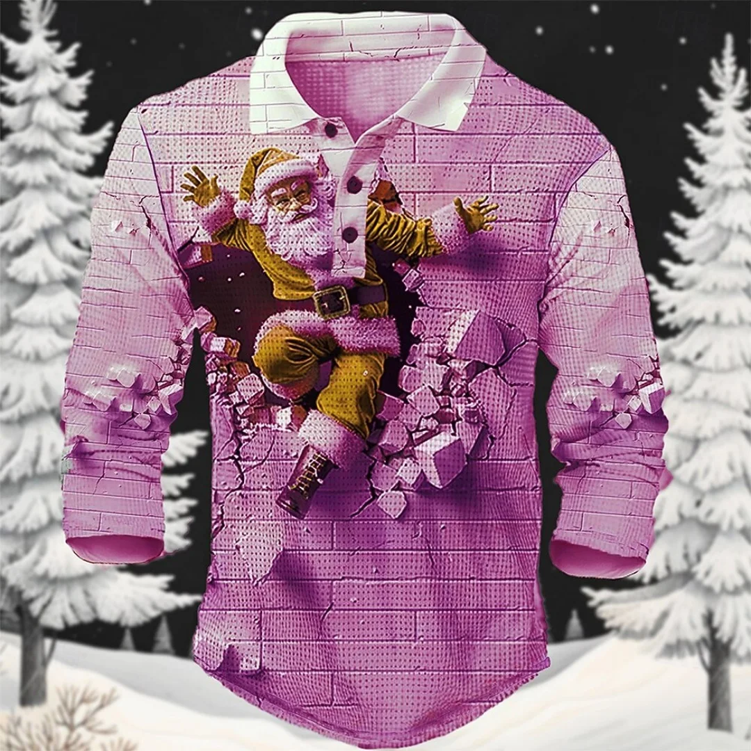 

New Christmas Men's Long Sleeve Polo Shirt 3D Print Funny Santa Claus Autumn Festive Party Wear Oversized Men's Casual Clothing