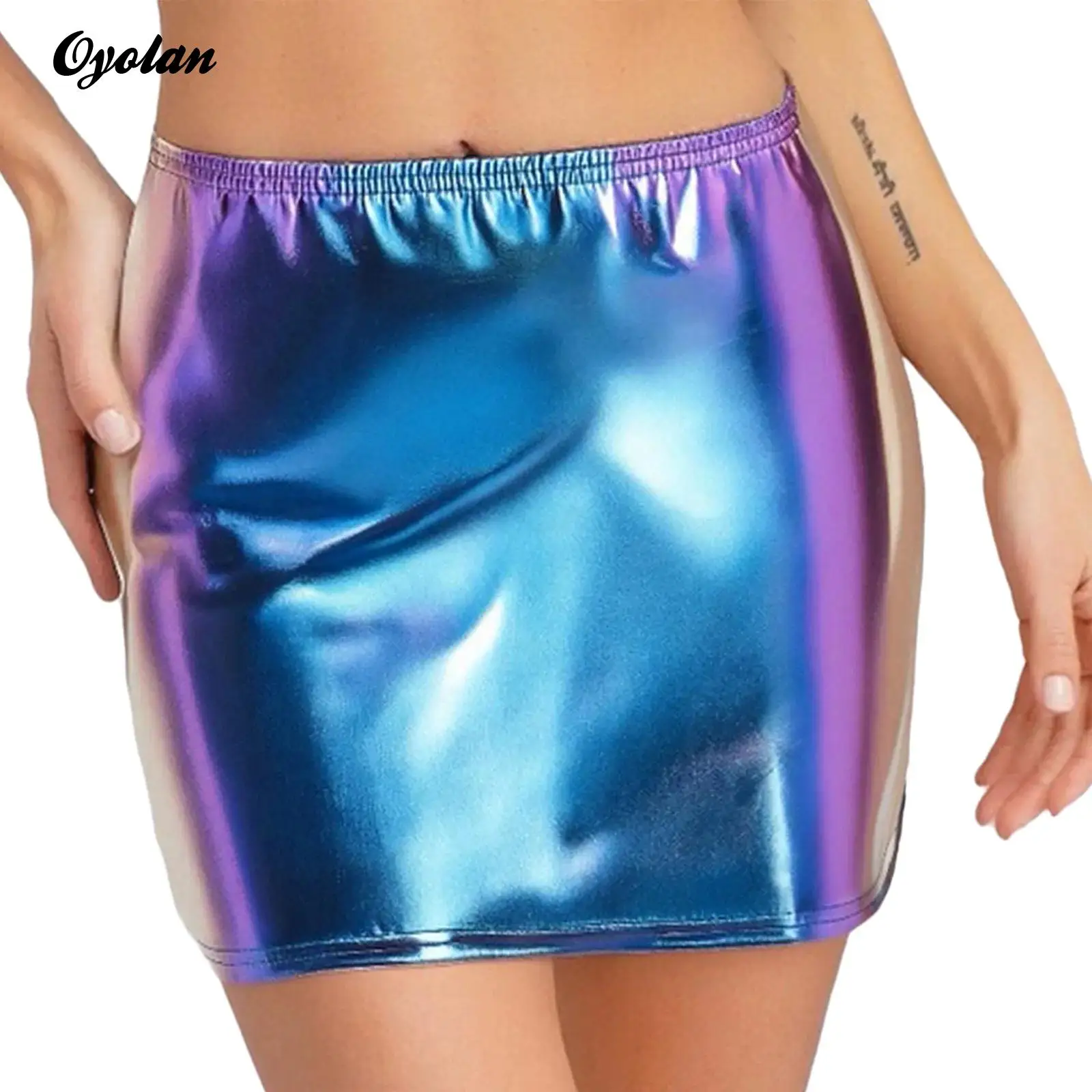 

Womens Metallic Shiny Sexy Club Bodycon Short Skirt for Rave Bar Party Elastic Waistband Sheath Miniskirt Pole Dancing Costume