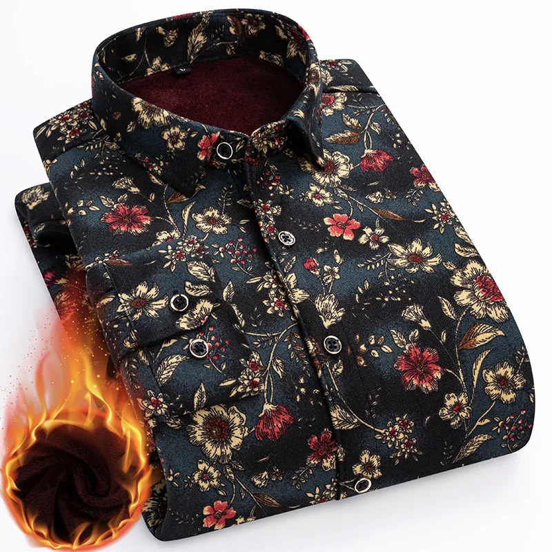 2025 Men's Winter Warm Shirts Long Sleeve Plaid Print Flower Autumn Thickened Fleece Street Trend Casual Dress Shirts 8XL 7XL