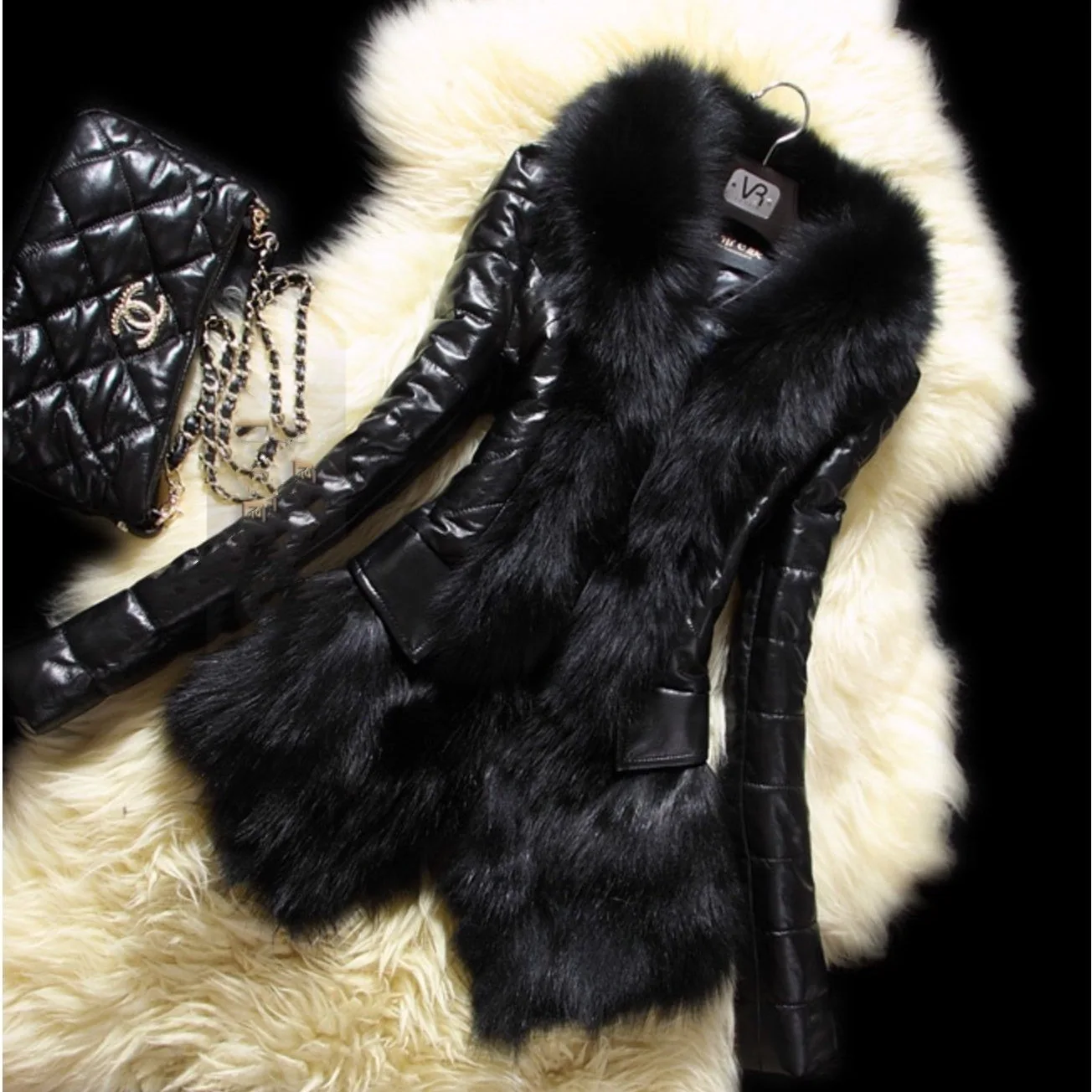 

plus Size Winter Coat Women's Faux Fur Collar PU Leather Slim Fit Long Sleeve Commute Style Cotton Blend No Brand Registered