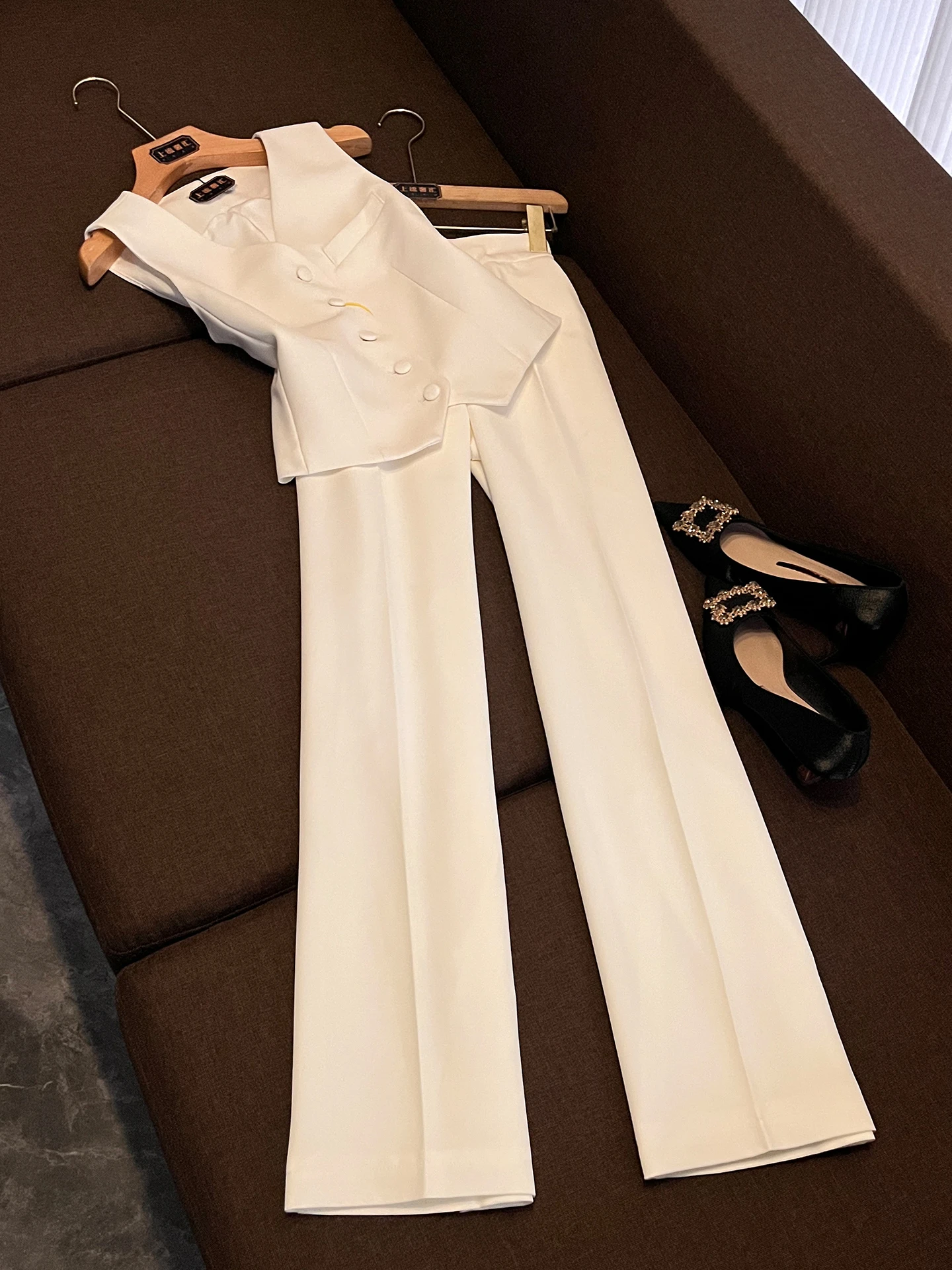 White V-Neck Suit And Wide Leg Pants Set Women's Autumn Slimming Commute Two-Piece Set High Waist Long Sleeve Button up