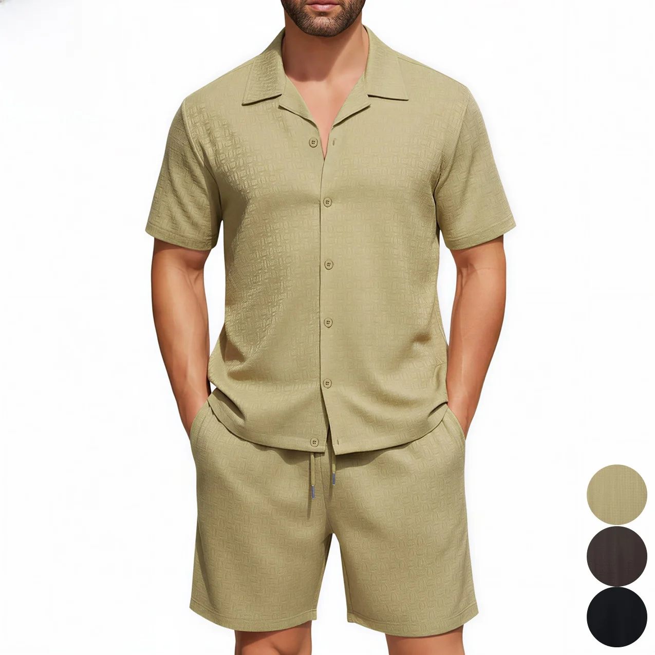 

Men's Short Sleeve Shirt Texture Casual Home Wear Two-Piece Set Comfortable Breathable Summer Polyester Clothing Kit