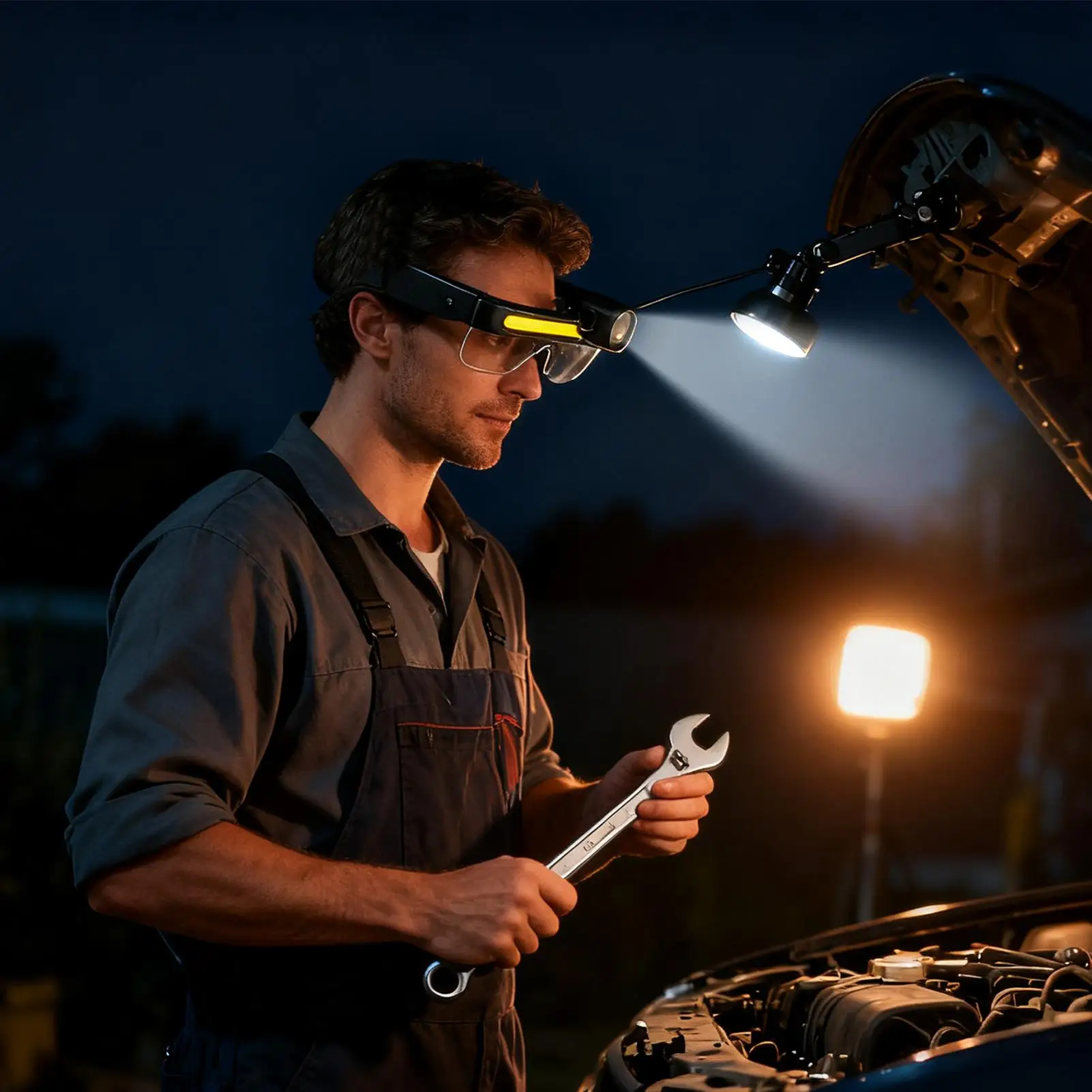 

2-Mode Safety Glasses With Lights, Anti-Fog Auto Repair Goggles for Construction Lab Under-Hood Tasks Dark Workspaces Protection