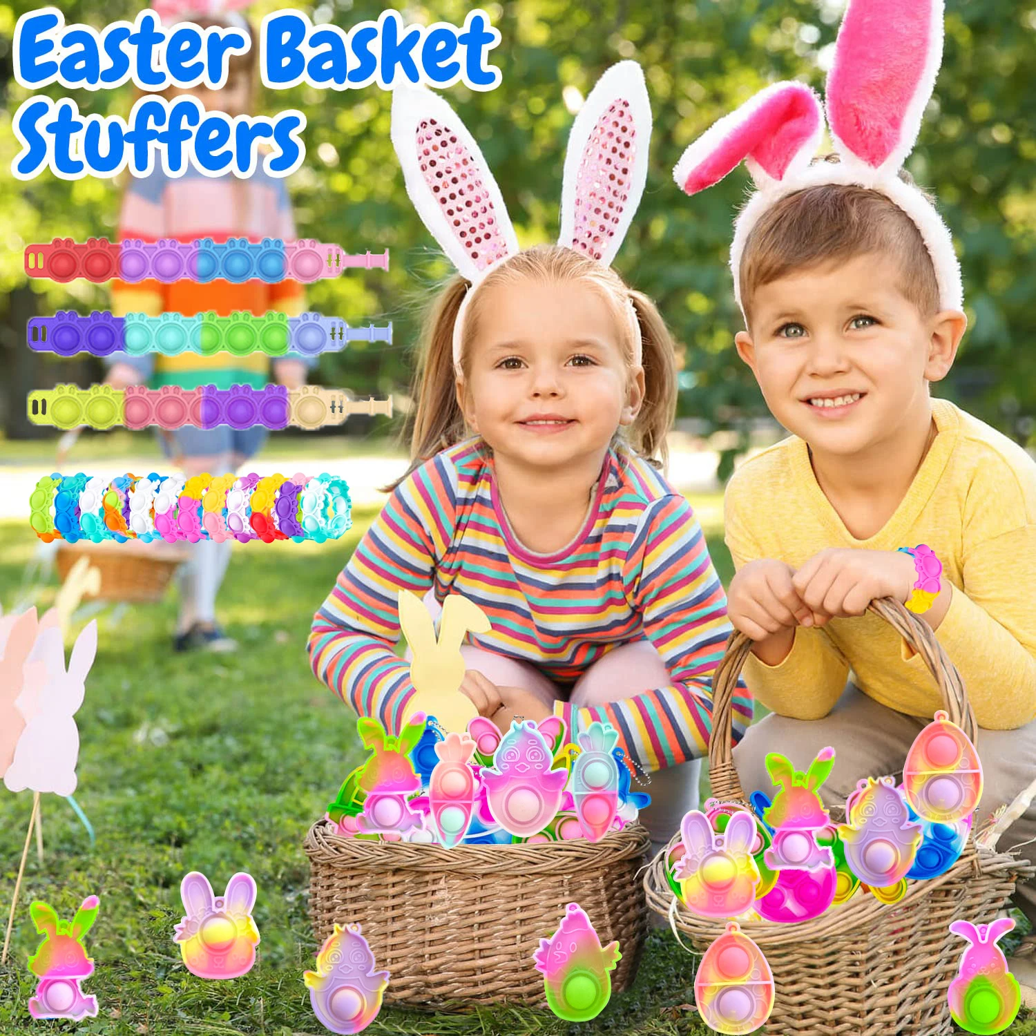 12-144Pcs Bunny Pop Bracelets Fidget Toy Rabbit Easter Day Gift for Kid Stress Relief Wristband Silicone Bracelet Birthday Favor