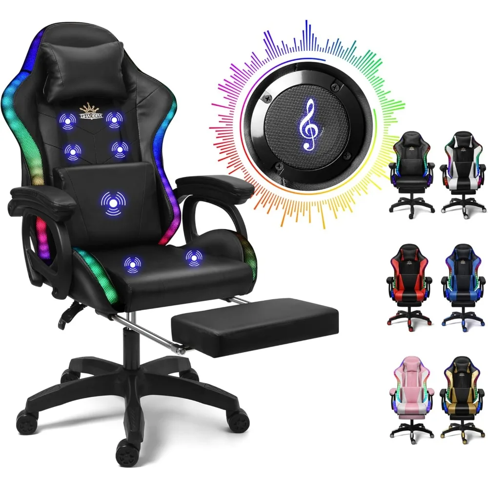 Silla Gaming con Luces LED y Altavoces, Silla Ergonómica para Videojuegos Pro con Masaje y Reposapiés, para Adultos, Adolescentes y Niños
