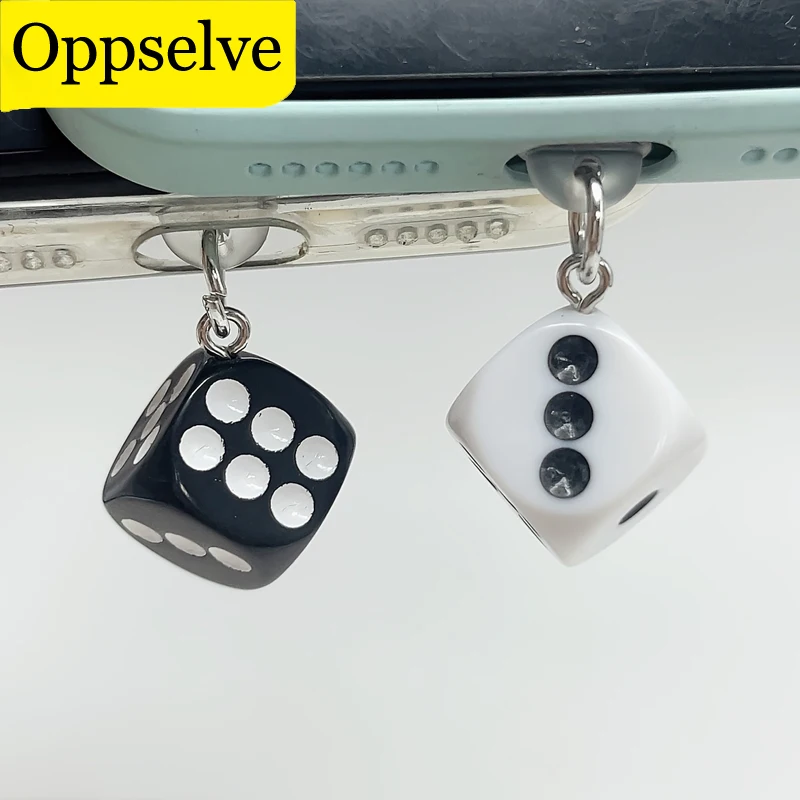 Phone Dust Plug Fashion Dice Charge Port Plug For iPhone Black White Dice Cute Type C Anti Dust Cap Durable Jack Stopper Pendant