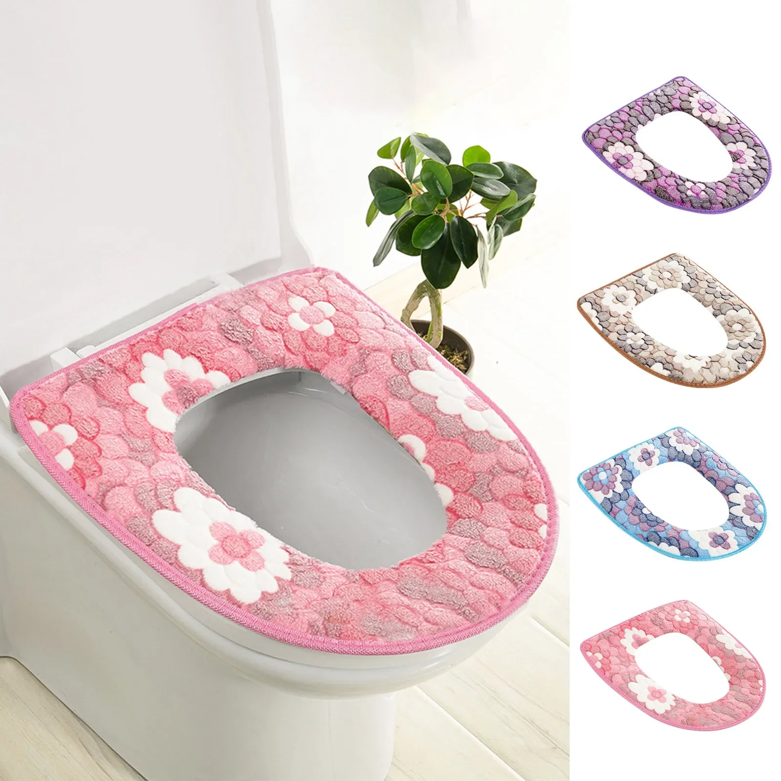 

Waterproof Universal Large Flower Coral Velvet Toilet Seat Cushion With Adhesive Buckle Design Toilet Seat Cover Household Toile