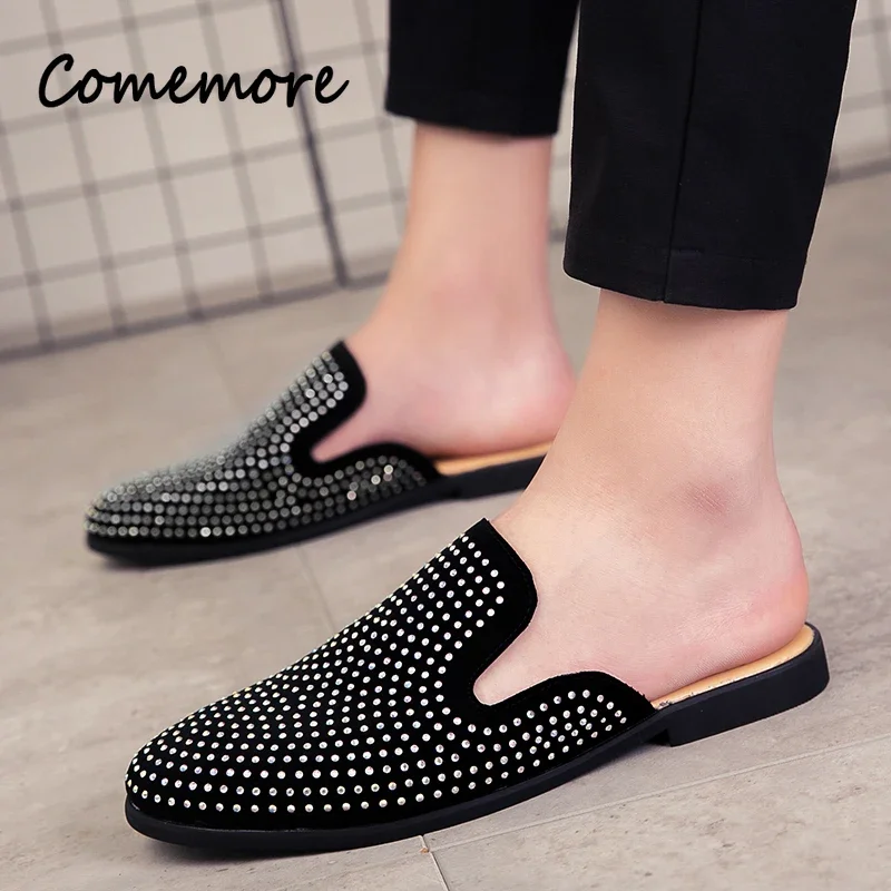 Luxury Glitter Rhinestone Leather Shoes Men Designer Outerwear Half Mules Casual Slides Slippers Sandals Male Fashion Mocassins