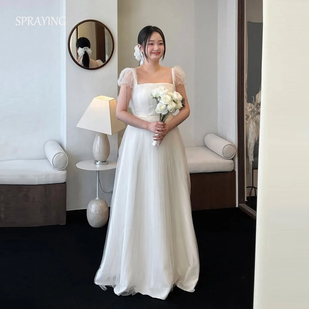 SPRAYING elegante vestido de novia largo de tul sesión de fotos de Corea cuello cuadrado vestido de novia de manga corta corsé personalizado nneinize