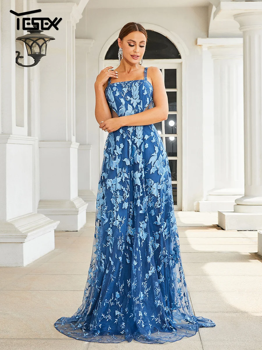 Yesexy-Robe trapèze florale découpée spaghetti bleue pour femme, robe de longueur au sol, belle robe élégante, mariage et anniversaire, Rhet fête, nouveau