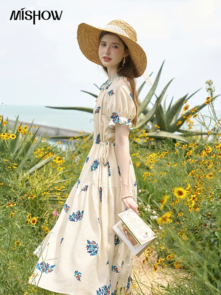 MISHOW French Romantic Dress 2024 Summer Women Embroidered Flower Fairycore Dresses Elastic Waist Drawstring Dress MXD24L1835