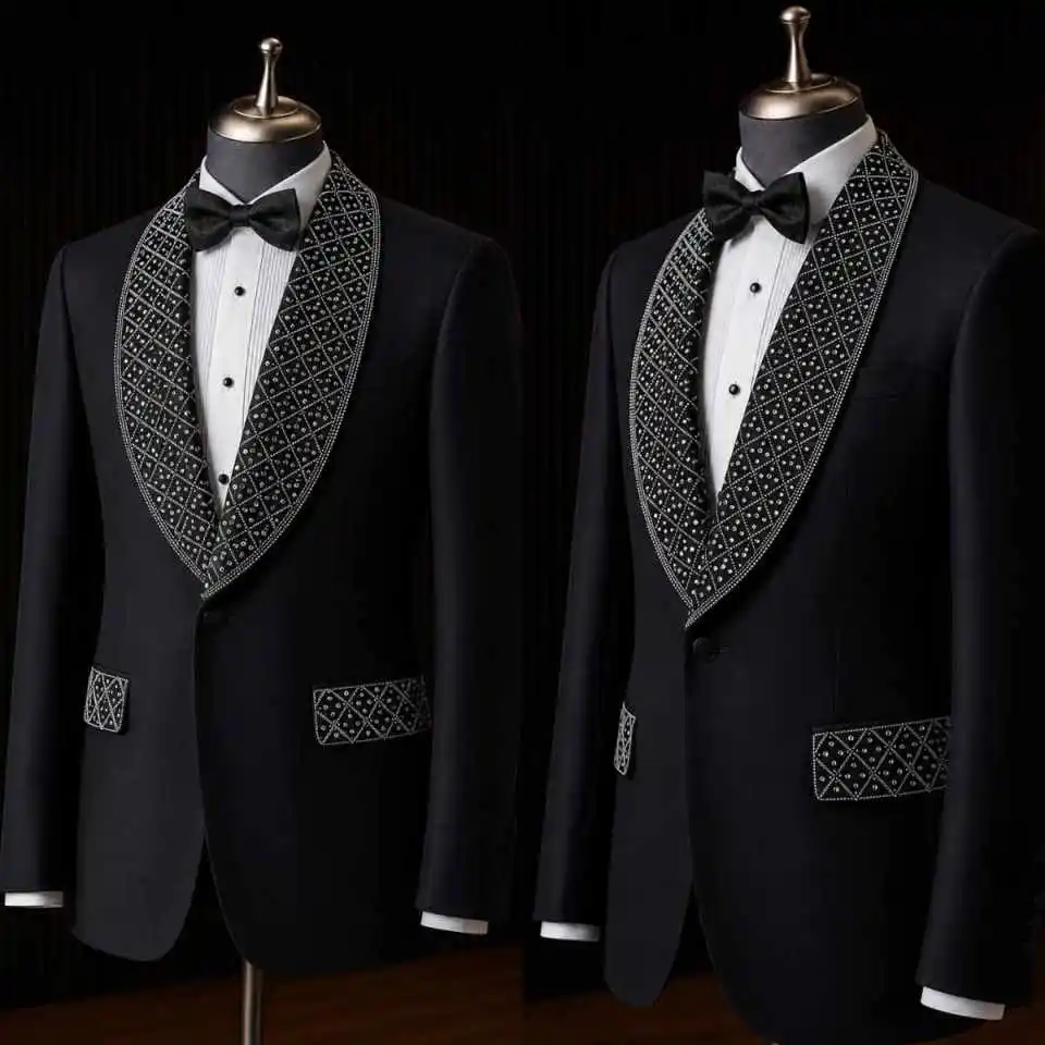 Elegant Suit For Man Crystal Shawl Collar Tuxedo Handmade Prom Blazer Wedding Groom Tuxedo 2 pcs Men's Suits and separates