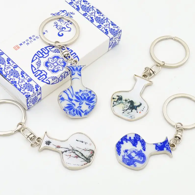 100pcs Blue And White Porcelain Keychain Vintage Chinese Keyring Charms Travel Souvenirs Party Favor Gifts  ni211