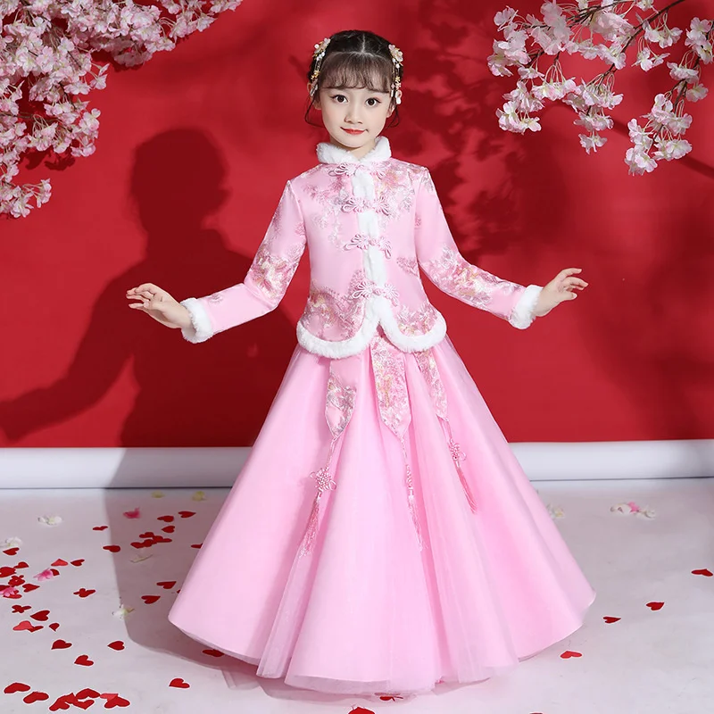 Girls Dress For New 4-14T Year 2023 Plus Velvet Thick Embroidered Chinese National Style Cheongsam Two Pieces Kid Winter Clothes