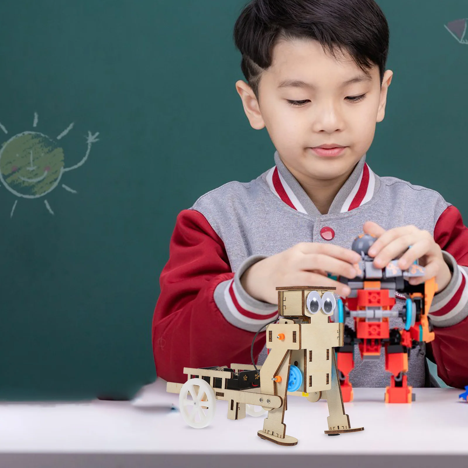 

DIY Robot Wooden Trolley Robot Toy Wood Assembly Model Pull Cart Science Project Educational Toy For Kids Early Learning STEM