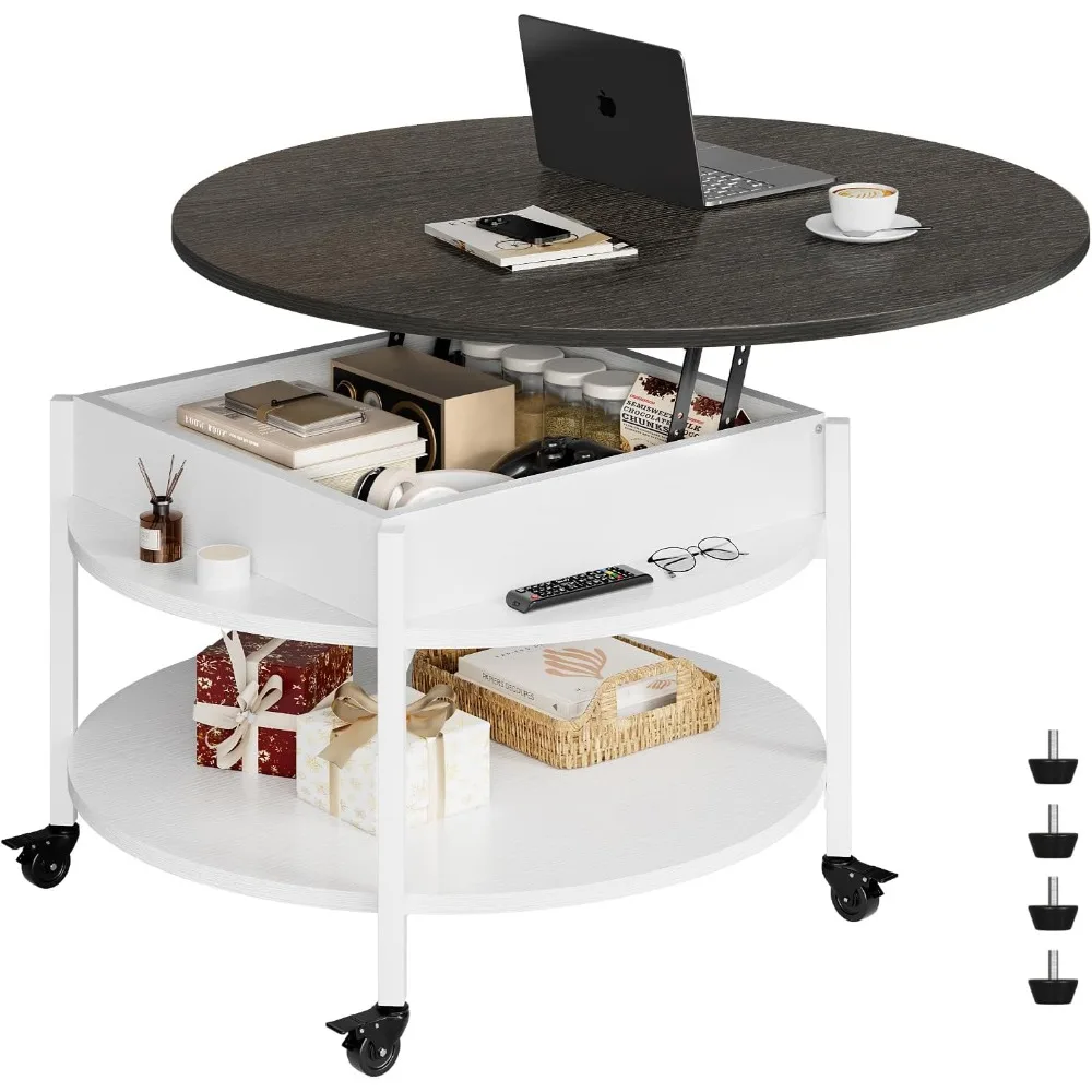 Round Lift Top Coffee Table with Wheels, Circle Center Table with Storage and Compartment, 26.77’’ Rolling Coffee Tables