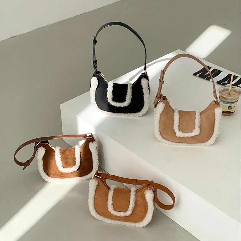 

Cute Fluffy Underarm Casual Tote Bag Vintage Suede Shoulder Bag Fashionable Texture Simple and Versatile Storage Bags for Women