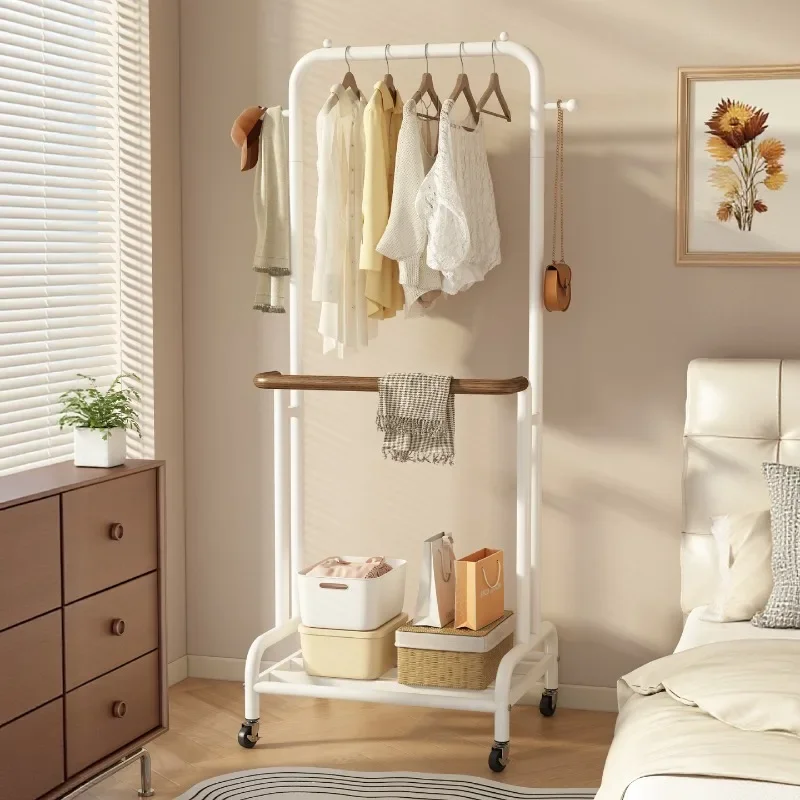 Floor Standing Cream Finish Iron Art Clothes Rack Indoor Living Room Storage Wheels Clothing Rack Clothes Hanger Garment Rack
