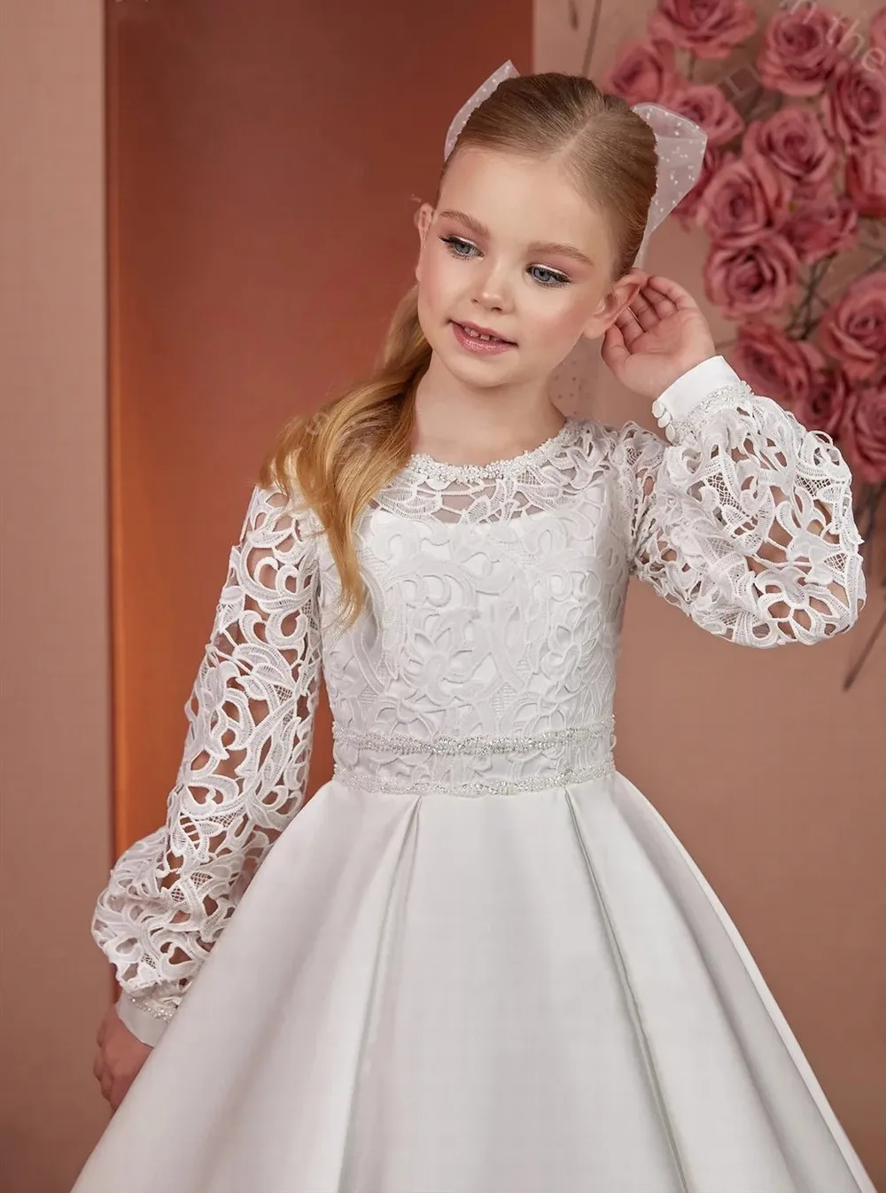 Vestidos blancos de flores para niña, para boda, manga larga de encaje, cuello redondo, satén, vestido de fiesta de cumpleaños para niña, vestidos de primera comunión de princesa