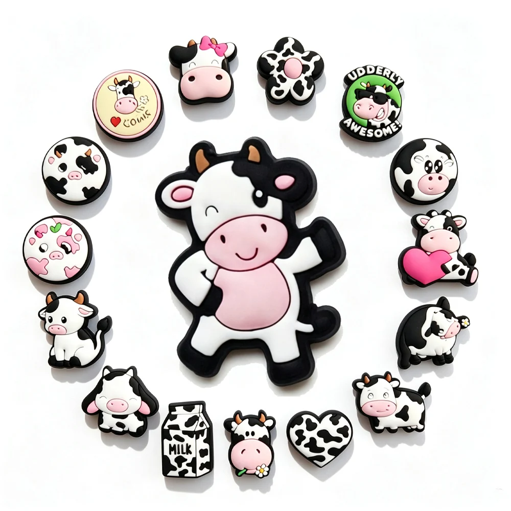 16Pcs Cartoon Dairy Cow Shoe Decoration Charms Soft‑PVC Clog Pins DIY Ornaments