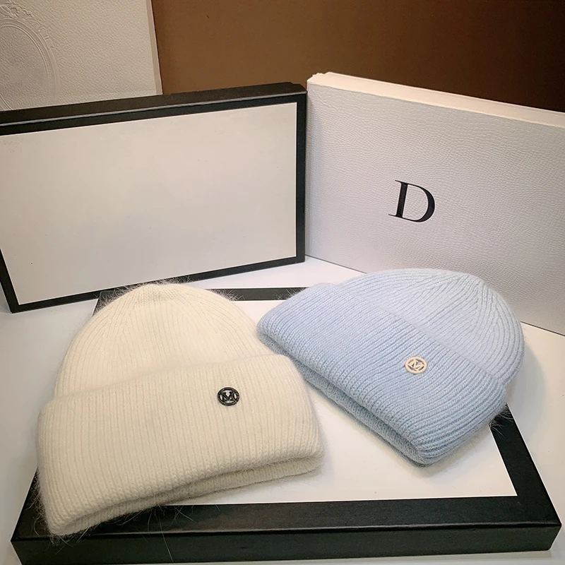 Rabbit Fur Beanies Fluffy Black White Winter Hat for Women Ear Warm Knitted Hat Skullies Beanies Female Bonnet Woman M Knit Cap, image 3