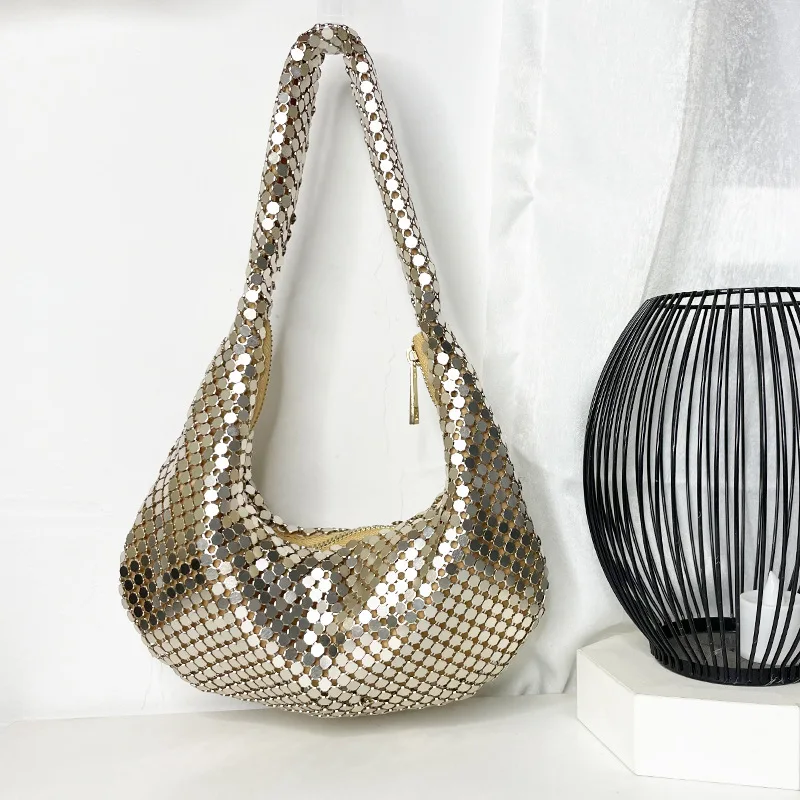 

Fashion Shoulder Bag Women Modern Mesh Underarm Hobos Aluminum Sheet Evening Shinny Bling Plain Silver Gold Side Bags for Ladies