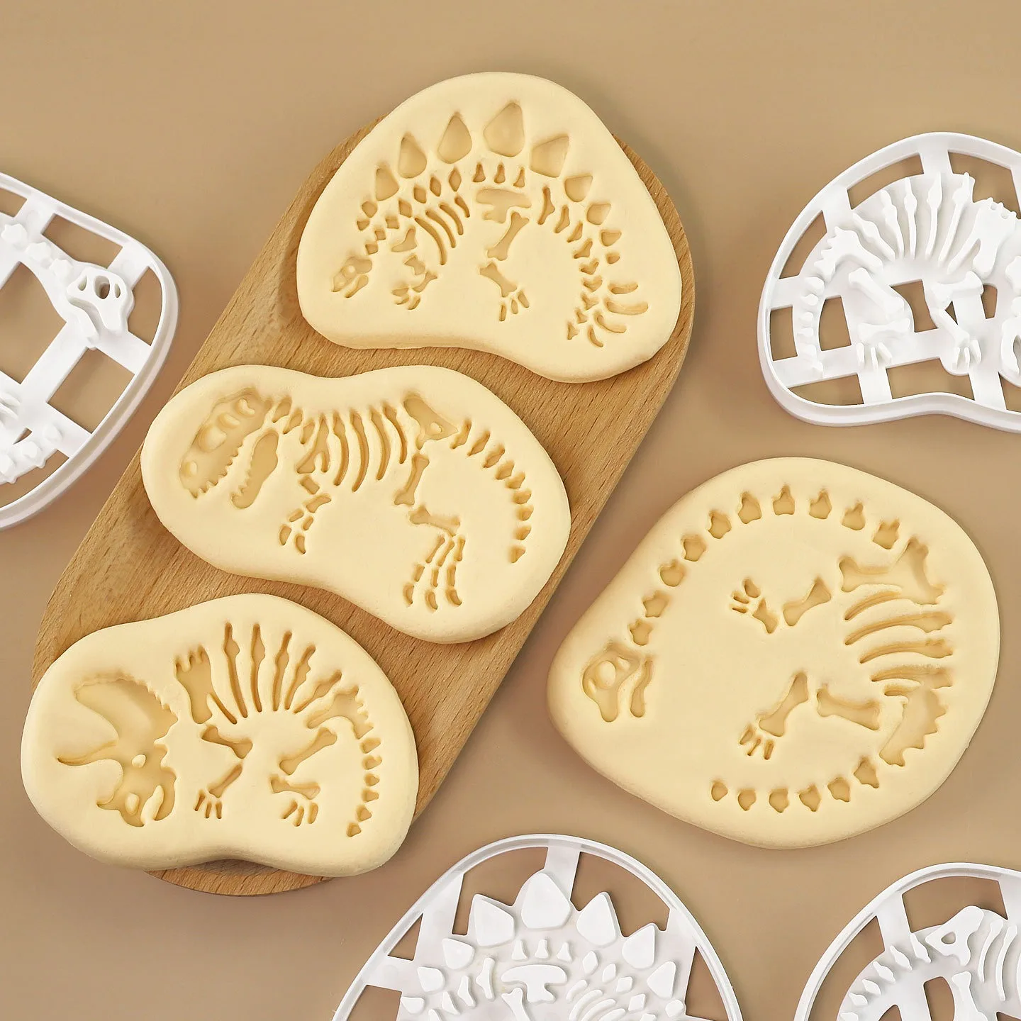 

4 Pcs Dinosaur Themed Cookie Cutter Cute Dino Shaped Pastry Cupcake Fondant Cheese Baking Molds for Kids Birthday Theme Party