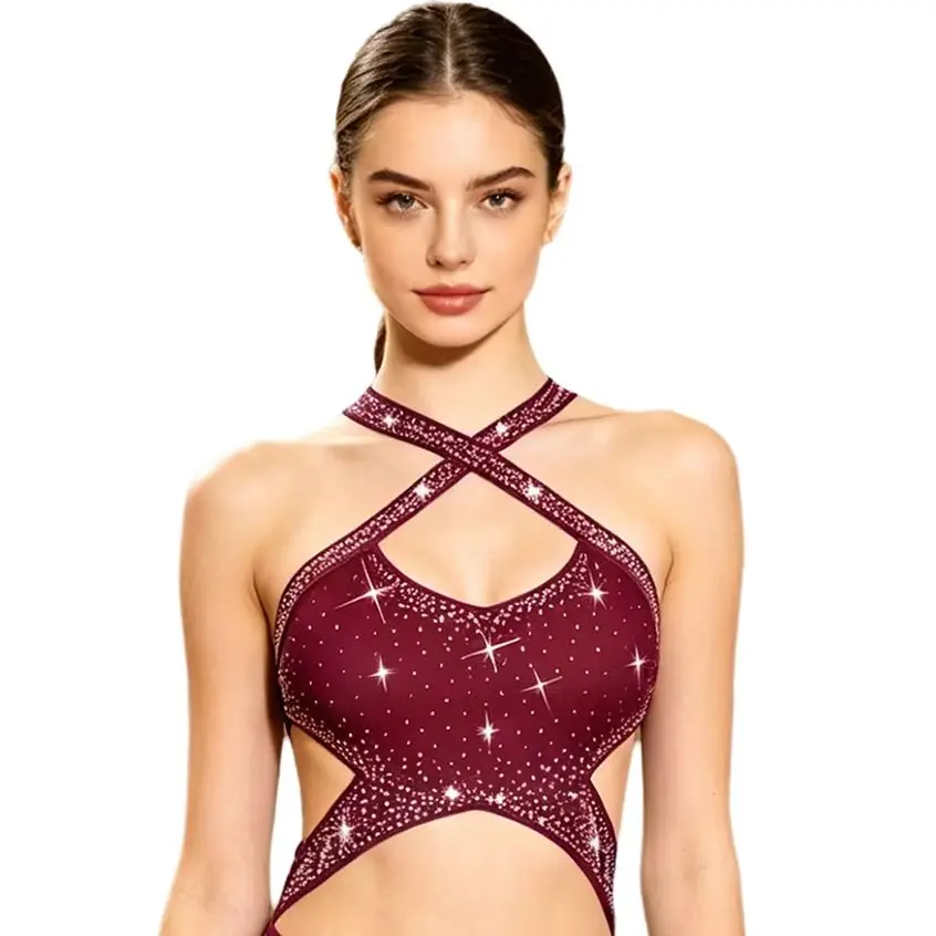 

Women Lyrical Dance Rhinestones Dress Crossing Straps Sleeveless Backless Irregular Mesh Hem Bodysuit Hollow Out Dress Dancewear
