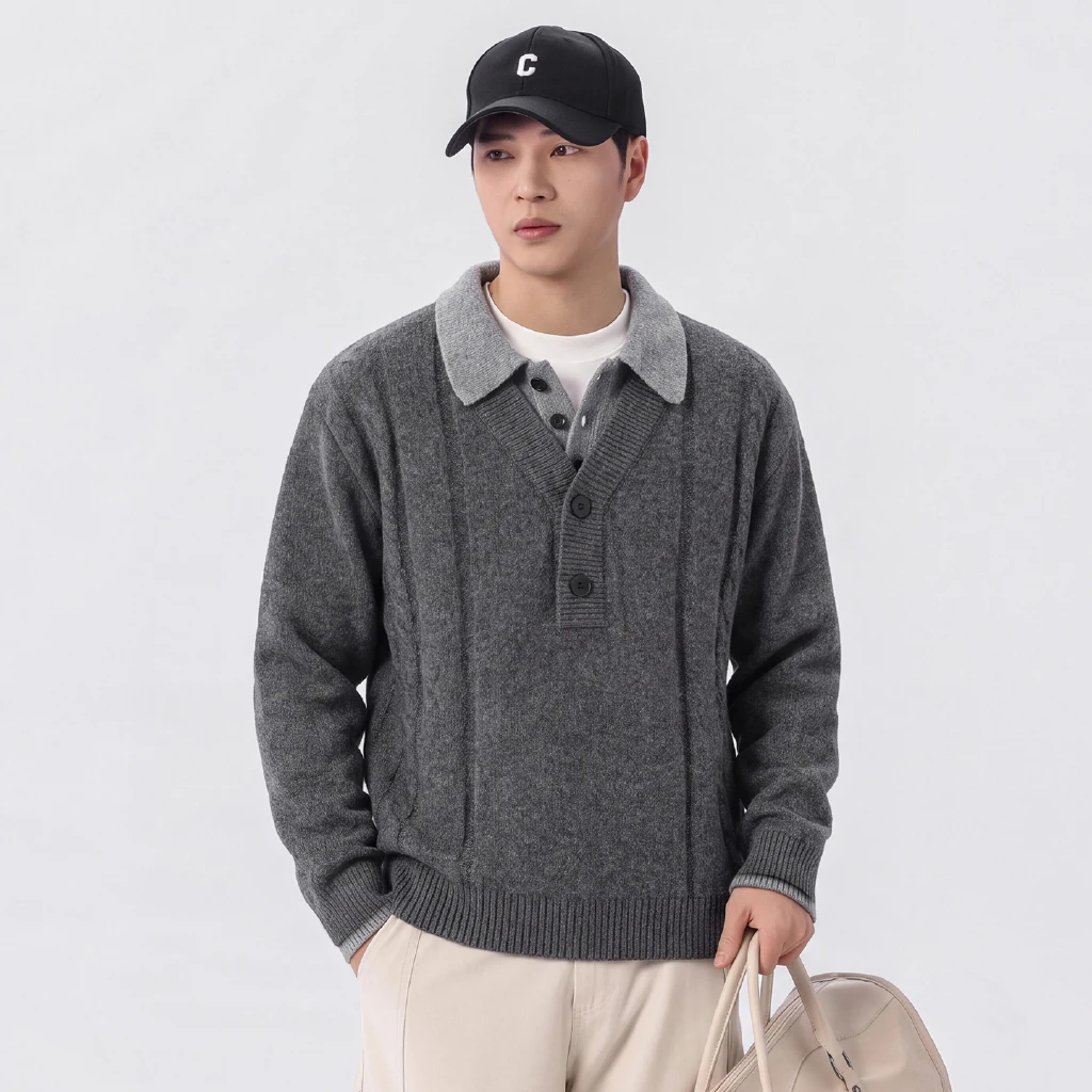 Splice Collar Pullover Sweater Men Fashion Vintage Casual Commute Autumn Winter Jumper Knitted Sweater Tops