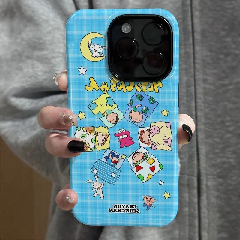 

Cute Anime cartoon Funny sleep moon Crayon Shin-chan snot Boochan Case For iPhone 11 12 13 14 15 16 17 Pro Max Plus grid Cover﻿