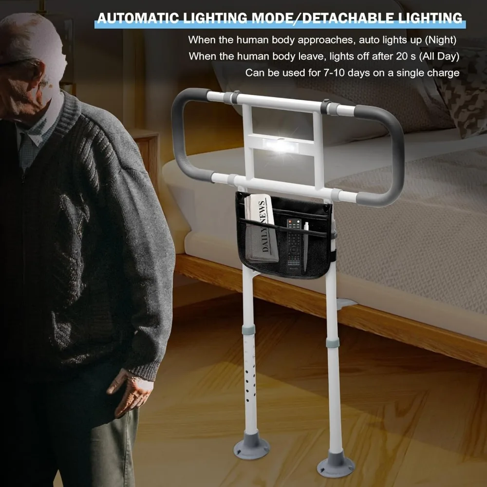 Bed Rails for Elderly Adults, Height Adjustable Bed Assist Rail with Motion Light & Storage Pouch, Bed Handle with Support Legs