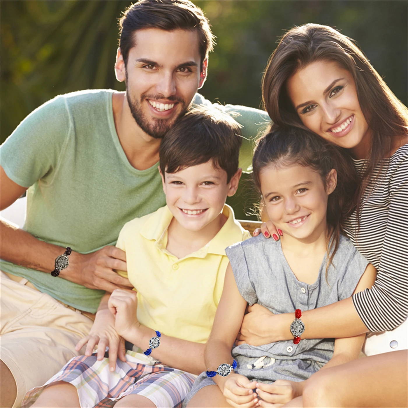 مضفر حماية الأساور ، العتيقة الفضة تصفيح ، ميدالية كبيرة ، الأحمر الأسود والأزرق ، سان بينيتو ، اليدوية ، 2 قطعة لكل مجموعة