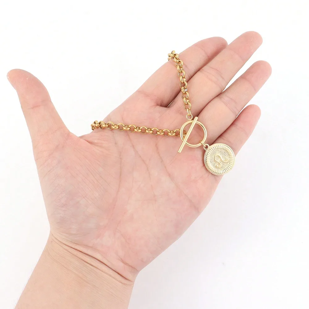 خمر جولة زودياك قلادة قلادة للنساء مطلية بالذهب الفولاذ المقاوم للصدأ سلسلة كوكبة قلادة عيد ميلاد مجوهرات هدية