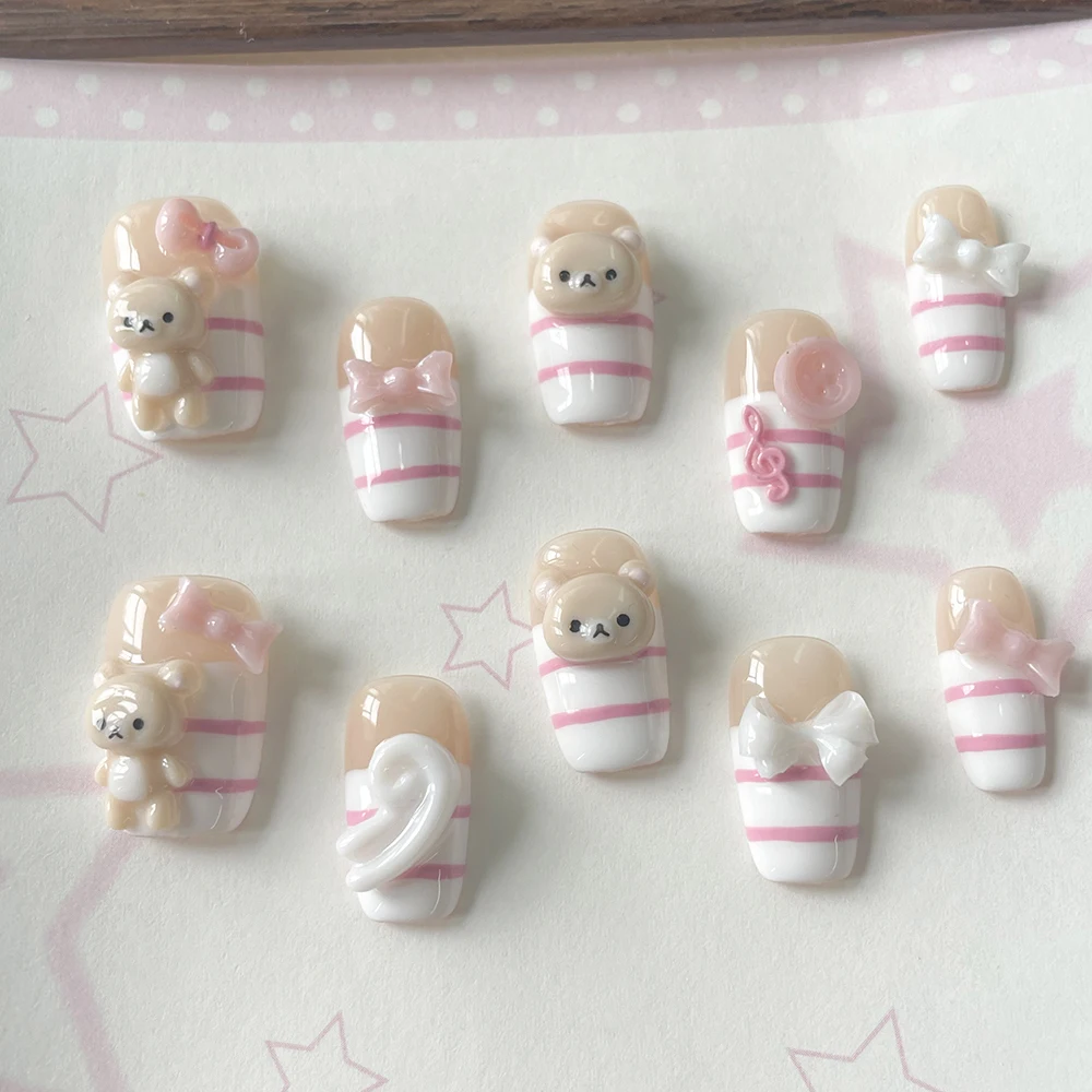 Cartoon 3D Bärenschwester mit Flügeln Press-On-Nägel Nude Farbe Rosa Weiße Streifen DIY Handgemachte Maniküre Party Nagelsticker – Detail 5