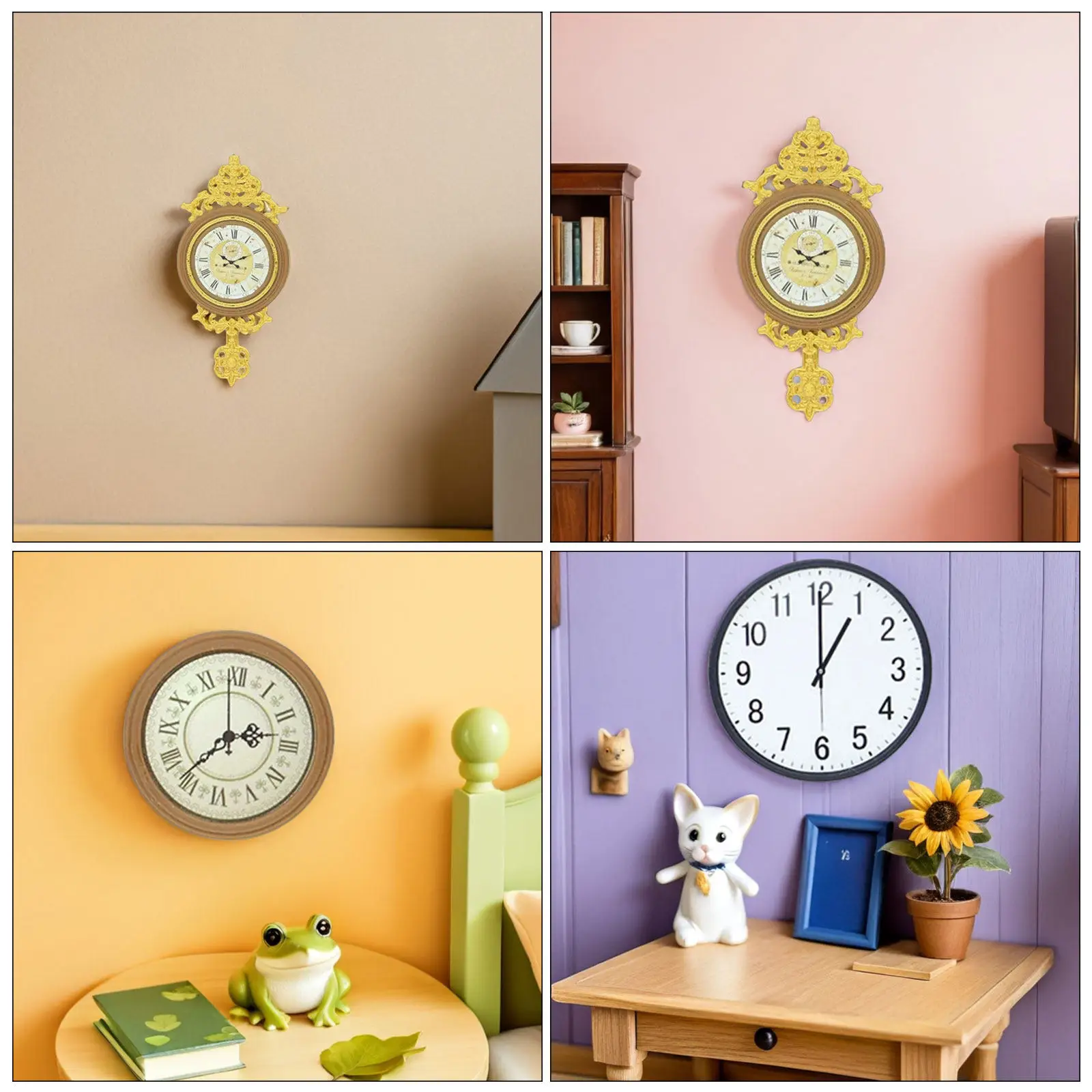 3Pcs Miniature Vintage Pendulum Wall Clock Roman Numerals Decorative Clock for Dollhouse Living Room Bedroom European Tiny House